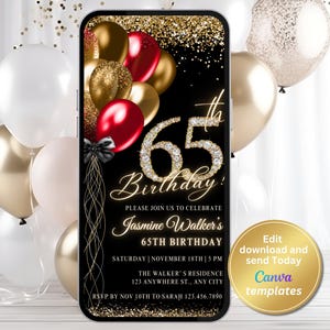 Digital 65th Birthday Party Invitation, Women Birthday Invite, Red Gold Invite, Diamond Invite, Editable Template, Instant Download