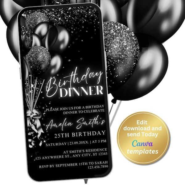 Digital Black Birthday Dinner Invitation, Black Balloons, Phone Text Message Evite, Editable Template, Instant Download