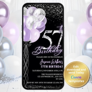 Digital 57th Birthday Party Invitation for Women, Birthday Silver Diamond Numbers, Black Purple Invite, Editable Template, Instant Download