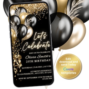 Invitation numérique à une fête d’anniversaire en or noir, message texte téléphonique Evite, modèle modifiable, téléchargement instantané