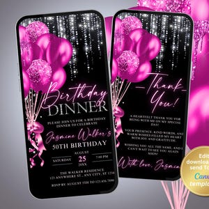 Elegante invito per cena di compleanno rosa acceso e argento e set di biglietti di ringraziamento per le donne, invito digitale per la festa di compleanno, modello modificabile