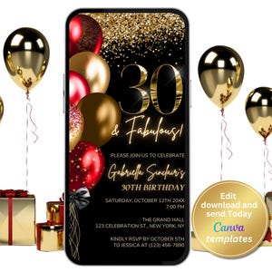 Invitación de cumpleaños fabulosa para 30 años: invitación digital con purpurina negra, roja y dorada. Plantilla editable elegante para mujeres. Descarga instantánea.