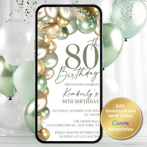 Digitale Einladung zur 80er-Geburtstagsfeier - Elegante salbeigrüne und goldene Vorlage - Bearbeitbare Meilenstein-Geburtstagseinladung - Sofortiger Download