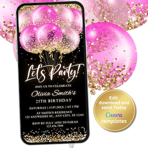 Digital Black Pink Birthday Party Invitation, Gold Glitter, Pink Balloons, Phone Text Message Evite, Editable Template, Instant Download