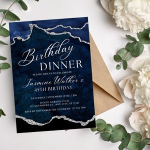 Printable Navy Blue and Silver Agate Birthday Dinner Invitation, Printable 5x7 Invitation, Evite, Editable Template, Instant Download