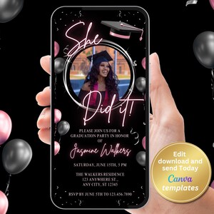 Editable Photo Graduation Party Invite - She Did It Invitation - Digital Graduate Party Invite - Graduation Announcement - Instant Download