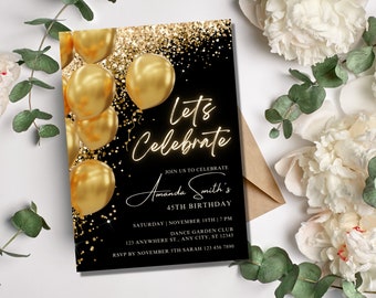 Editable Black Gold Birthday Party Invitation, Printable 5x7 Invitation Template, Evite, Editable Template, Instant Download