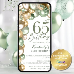 Digitale Party Einladung zum 65. Geburtstag - Elegante salbeigrüne und goldene Vorlage - 65. Geburtstagseinladung - Meilenstein Geburtstag - Sofort Download