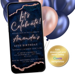 Digital Navy Rose Gold Birthday Invitation, Navy Rose Gold Agate Invite, Phone Text Message Evite, Editable Template, Instant Download