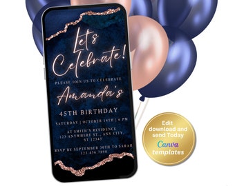 Digital Navy Rose Gold Birthday Invitation, Navy Rose Gold Agate Invite, Phone Text Message Evite, Editable Template, Instant Download