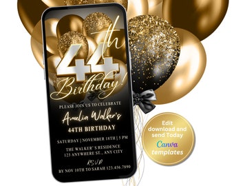 Digital 44th Birthday Party Invitation, Black Gold Invite, Invitation for Women, Birthday Invite, Editable Template, Instant Download