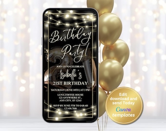 Invito per il 21° compleanno, invito per festa in nero e oro, invito digitale modificabile su Canva.