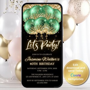 Green and Gold Glitter Balloons Birthday Invitation, Digital Evite for Birthday Dinner or Brunch, Editable Mobile Template, Instant Download