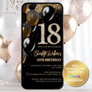 Élégante invitation d'anniversaire pour le 18e anniversaire - Evite de fête numérique en or noir, Invitation du 18e anniversaire, modèle modifiable, texte d'invitation, téléchargement immédiat