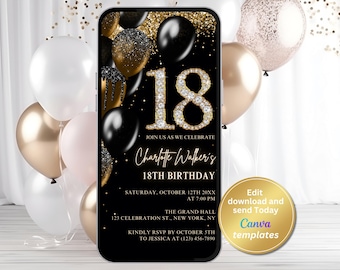 18.Geburtstagseinladung Vorlage, Digitales Party Evite Schwarz Gold, Sofort Download