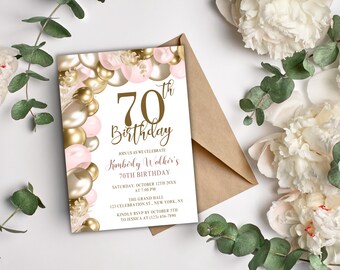 70th Birthday Invitation for Women, Pink Gold Birthday Invite, Editable Canva Template, Elegant Birthday Dinner Evite, Digital Download