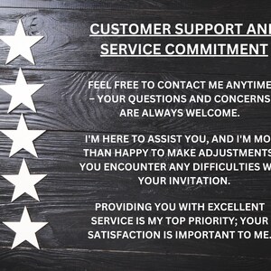 May include: Five white stars on a black wooden background with the text "CUSTOMER SUPPORT AND SERVICE COMMITMENT" and a message about providing excellent service and being available to answer questions.