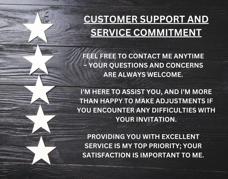 May include: Five white stars on a black wooden background with the text "CUSTOMER SUPPORT AND SERVICE COMMITMENT" and a message about providing excellent service and being available to answer questions.