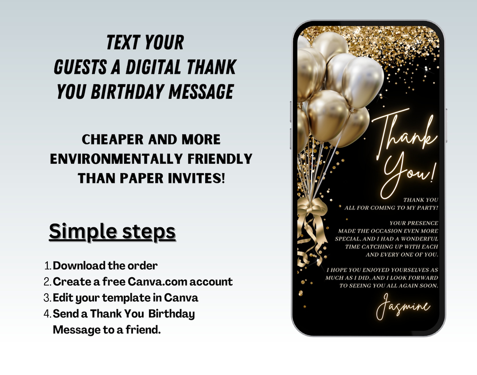 Black and Gold Balloons Birthday Thank You Card, Editable Template ...