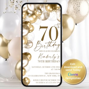 Faire-part de fête numérique pour 70e anniversaire - Modèle modifiable avec un design en or blanc pour femme - pour tout âge - Invitation élégante, téléchargement immédiat