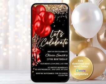 Black and Red Birthday Invitation Template, Elegant Balloon Party Invite, Editable Canva Digital Invitation