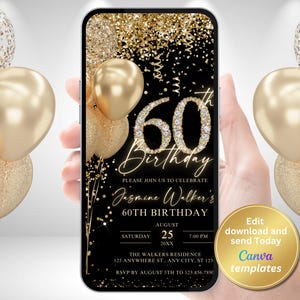 Digital Gold and Black 60th Birthday Invitation - Editable Women's Digital Invite - Instant Download for Phones