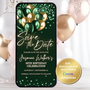 Convite Save the Date Verde Esmeralda e Dourado – Modelo Digital Editável