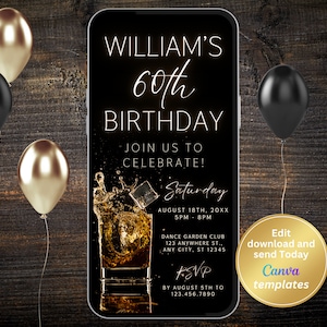 Aanpasbare mannen 60e verjaardag uitnodiging voor feest | Whisky-thema | Bewerkbaar voor elke leeftijd | Directe download