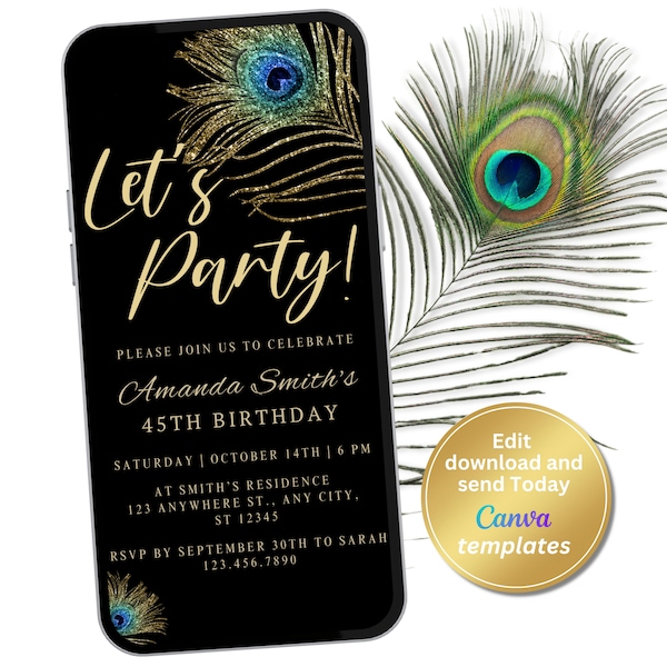 Digital Gold Peacock Feather Glitter Invitation, Let's Party Invite, Any Age, Evite, Instant Download, Phone Evite, Phone SMS