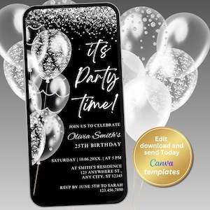 Editable Black White Birthday Party Invitation, Electronic Phone Text Message Evite, Editable Template, Instant Download