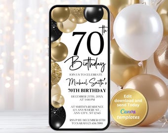 70th Birthday Invitation, Black Gold Editable Canva Template, Elegant Birthday Phone Evite for Men and Women