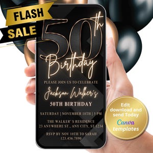 50th Birthday Party Invitation, Black Gold Number Invite, For Men, Digital Invite, Editable Template, Instant Download