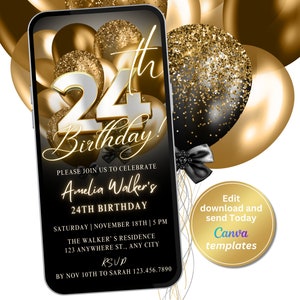 Invitación digital a la fiesta de cumpleaños número 24, invitación de oro negro, invitación para mujeres, invitación de cumpleaños, plantilla editable, descarga instantánea