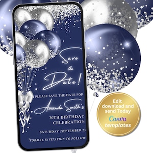 Digital Navy Silver Guardar la fecha invitación, mensaje de texto telefónico Evite, plantilla editable, descarga instantánea