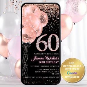 Digital 60th Birthday Party Invitation for Women, Rose Gold Invite, Phone Text Message, Digital Invite, Editable Template, Instant Download