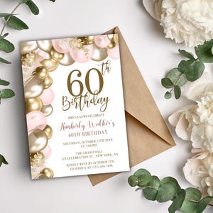 Editable 60th Birthday Invitation for Women – Pink Gold Balloons – Printable 5x7 Birthday Invite – for Any Age - Printable or Text Invite