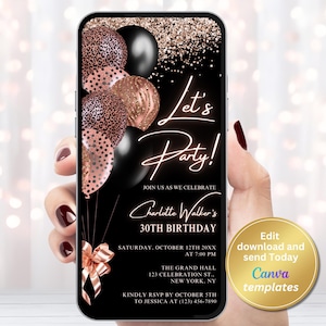 Black Rose Gold Birthday Invitation Template, Digital Party Invite, Instant Download