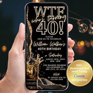Invitation de fête d'anniversaire numérique WTF, 40e anniversaire thème whisky pour lui, modifiable pour tout âge, noir et or, téléchargement immédiat