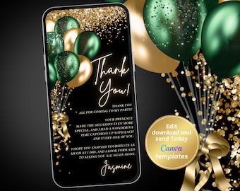 Digital Birthday Thank You Card, Emeral Green Gold Thank You Template, Phone, Text Message, Editable Template, Instant Download