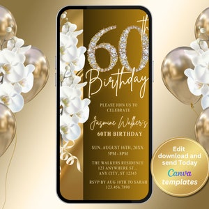 Elegant Women's 60th Birthday Party Invitation with Gold Diamond Numbers and White Orchids - Digital Gold Invite, Instant Download