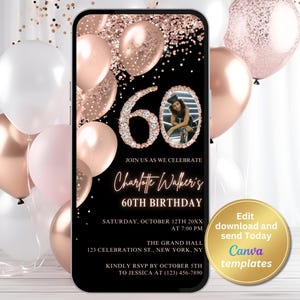 Invito digitale per il 60° compleanno - Invito fotografico, numeri e palloncini in oro rosa con diamanti - Invito modificabile per donne - Download immediato