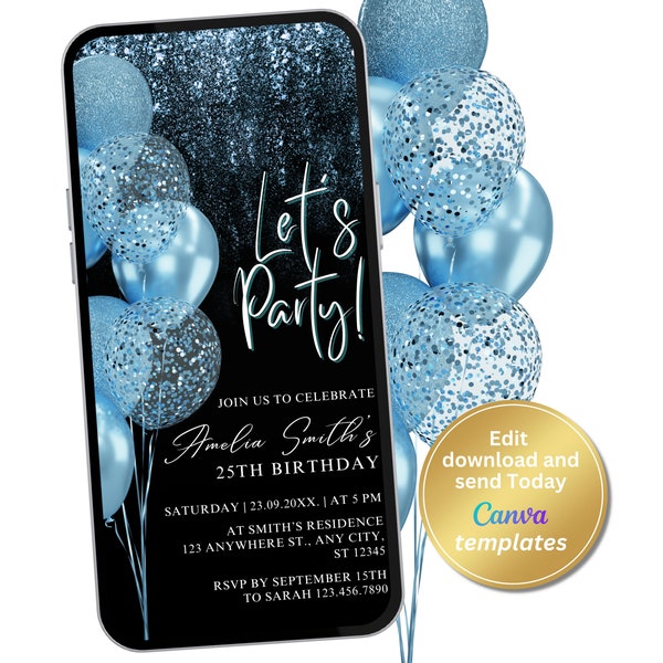 Digital Black Baby Blue Birthday Party Invitation, Black Blue Invitation, Editable Template, Any Age, Evite, Instant Download, Phone Evite