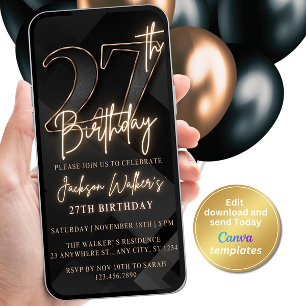 27th Birthday Party Invitation, Black Gold Number Invite, For Men, Digital Invite, Editable Template, Instant Download