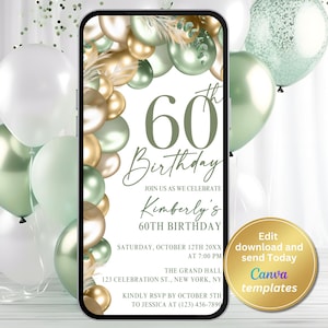 Faire-part numérique pour fête d'anniversaire 60e anniversaire - modèle élégant vert sauge et or - invitation 60e anniversaire - anniversaire clé - téléchargement immédiat