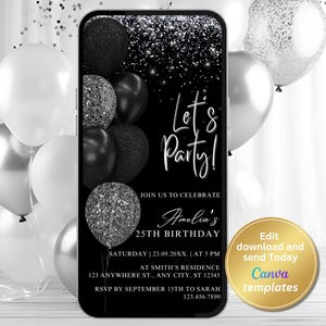 Faire-part d'anniversaire modifiable en argent noir, invitation d'anniversaire électronique noir et blanc, modèle modifiable, invitation téléphonique, téléchargement immédiat