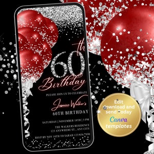 Digitale Einladung zur Geburtstagsparty, rote Glitzerballons, silberne Diamantzahlen, digitale Einladung, bearbeitbare Vorlage, Sofort Download