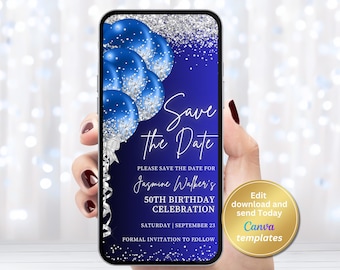 Digital Royal Blue Birthday Save The Date Invitation, Editable Template, Instant Download