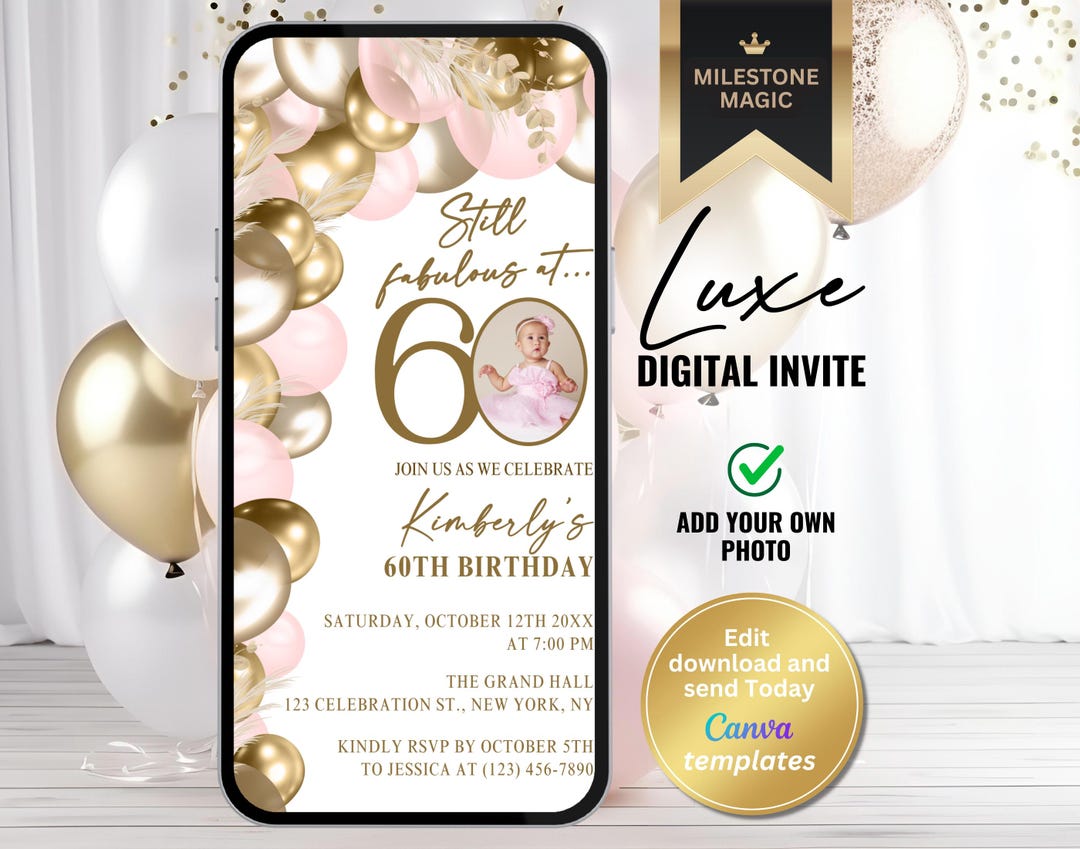 60th Birthday Invitation for Women With Photo – Editable Canva