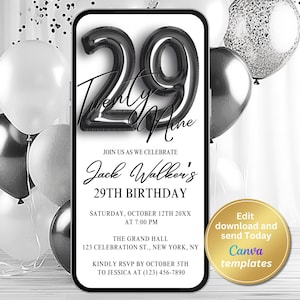 Minimalist 29th Birthday Party Invitation – Modern Twenty Nine Digital Party Evite | Editable Black and White Invite – Instant Download