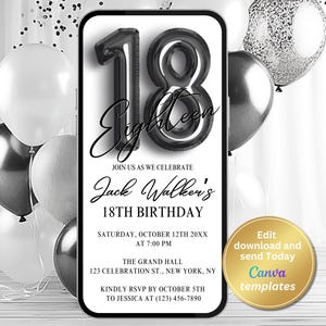 Digital 18th Birthday Party Invitation – Minimalist Editable Evite for Boys or Girls | Instant Download, Black and White Modern Design